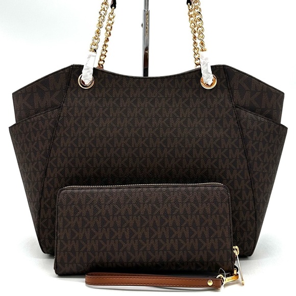 Michael Kors Large Jet Set Travel Chain Shoulder Bag & Continental Wallet Brown - Picture 6 of 15